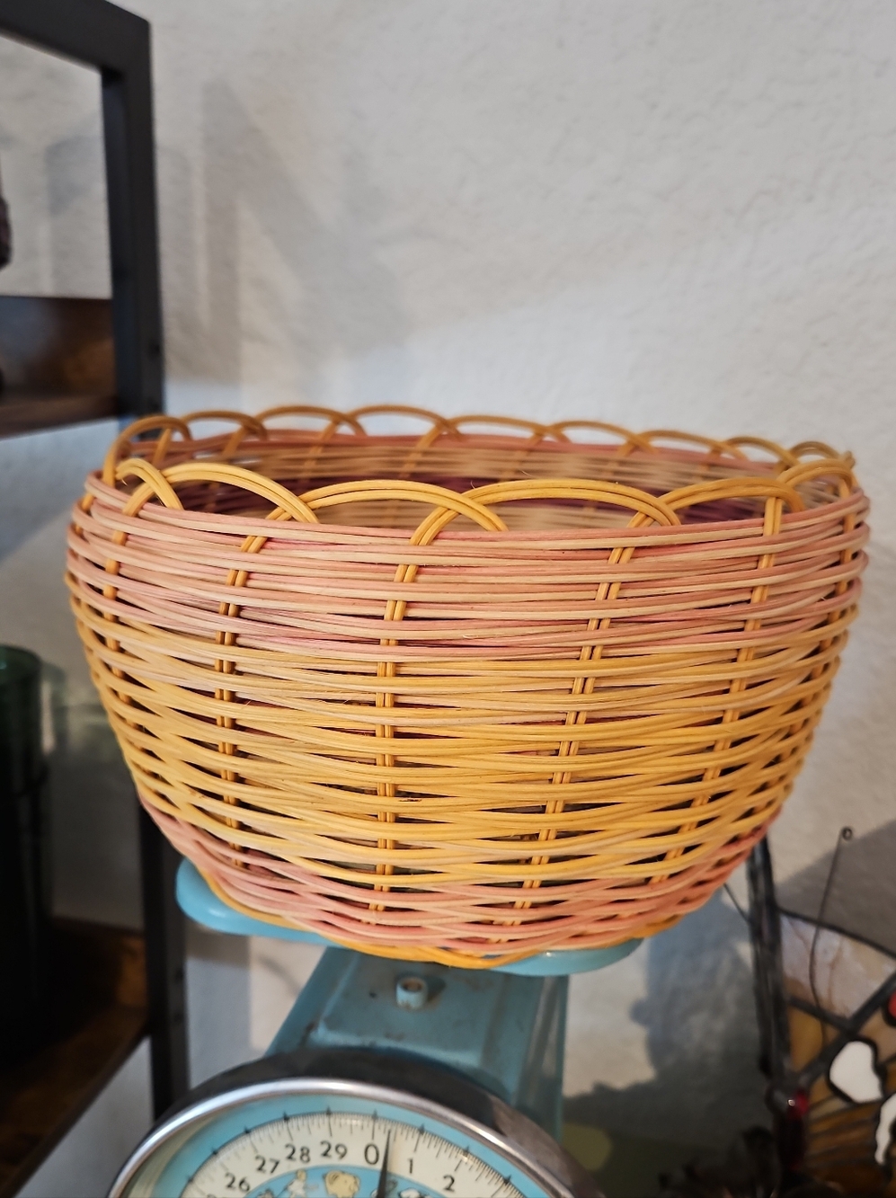 Vintage Yellow and Pink Wicker Basket